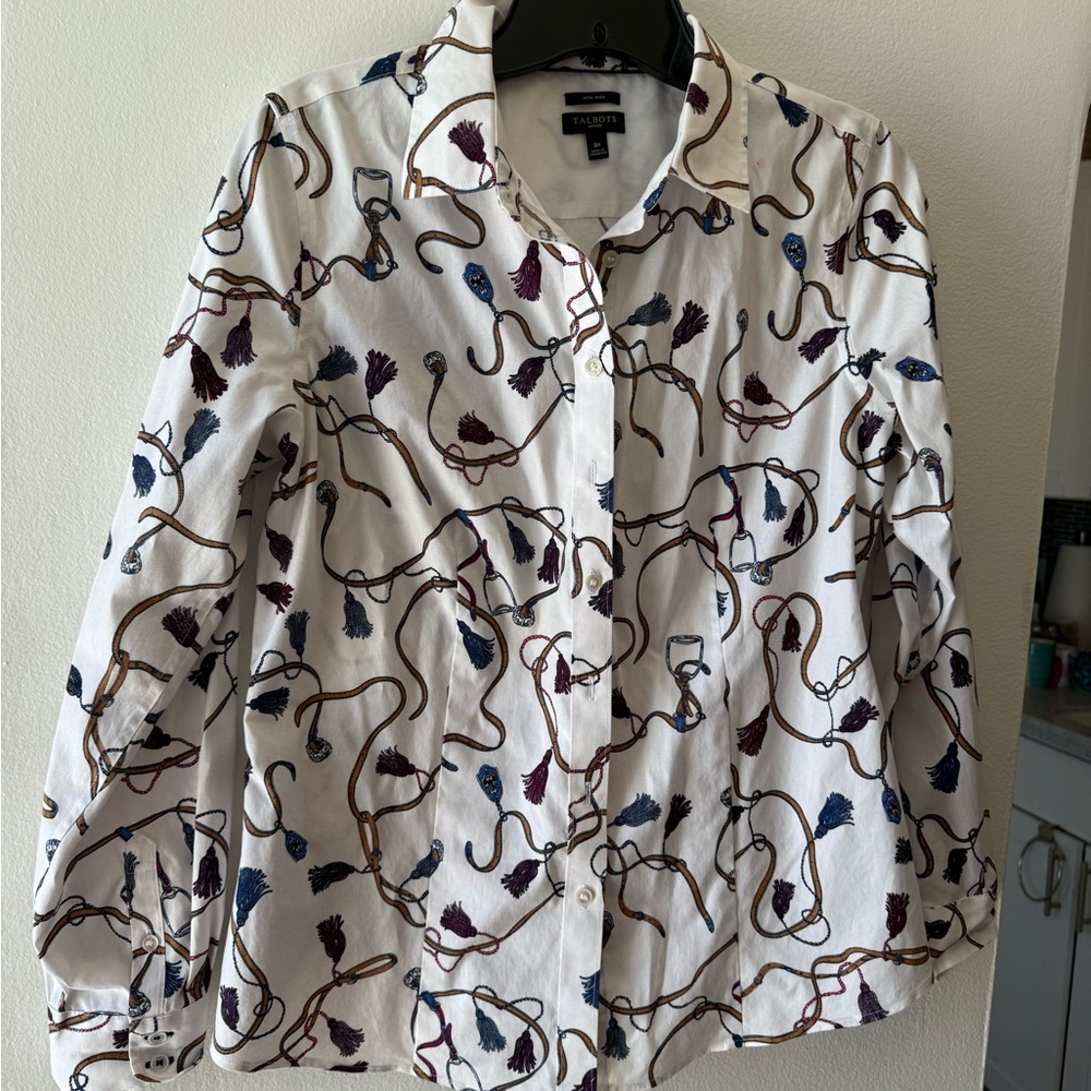 TalbotsWhite Button-Up Shirt with Rope and Tassel Print size 8